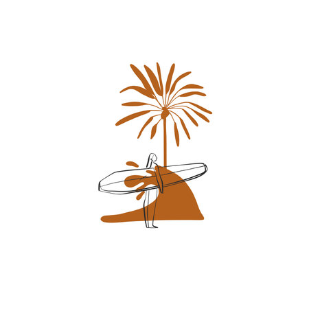 Hand drawn vector abstract simple minimalistic line art graphic drawing tropical surfing icon sign collection set isolated. Summer palm beach modern design concept. Summer palm beach and surf logo.のイラスト素材