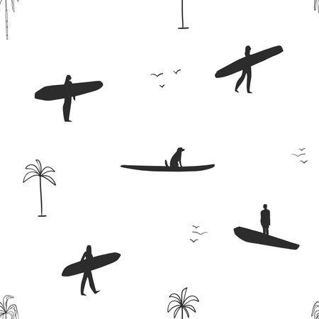 Hand drawn vector abstract simple minimalistic graphic drawing tropical surfing seamless pattern with palm tree and surfers. Summer palm beach modern design concept.Summer palm beach and surf pattern.のイラスト素材