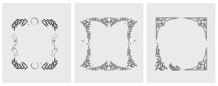 Hand drawn vector abstract outline,graphic,line vintage baroque ornament floral frame in calligraphic elegant modern style.Baroque floral vintage outline design concept.Vector antique frame isolated.のイラスト素材