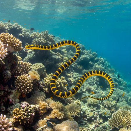 Yellow and black striped krait snake swimming over coral reef in Red Seaの素材