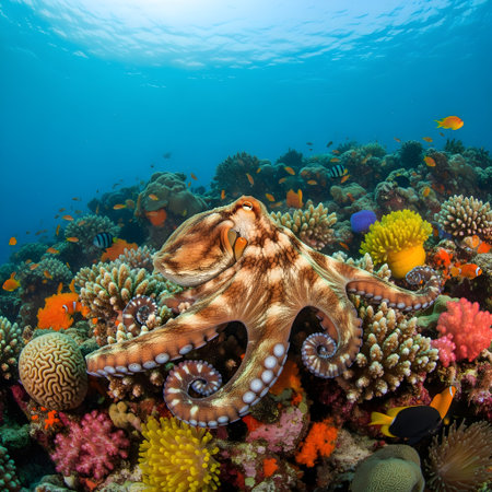 Large octopus on a colorful tropical coral reef in the Red Seaの素材
