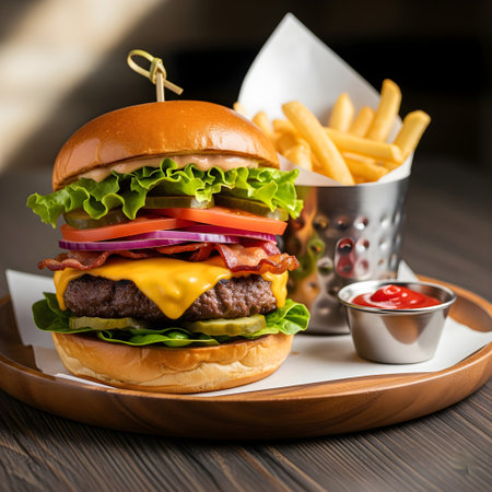 Cheese burger - American cheese burger with Golden French fries on wooden backgroundの素材