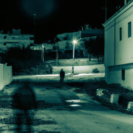 Night view of a street in the old town. Toned. man walking on distance  with a large shadow following for horror scary suspense story / stories sceneの素材