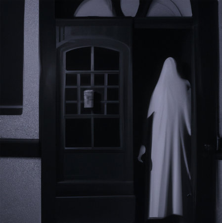 Black and white image of a woman or ghost  in front of the door. for horror scary and suspense storiesの素材