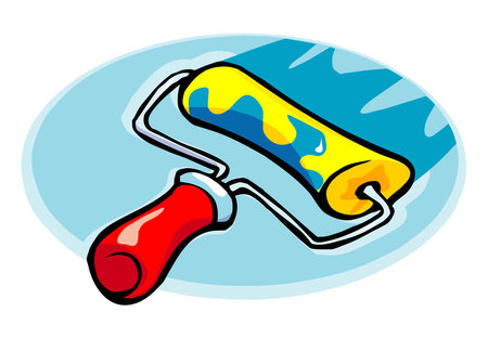 Realistic painter roller with blot of blue paint on background vector illustrationのイラスト素材