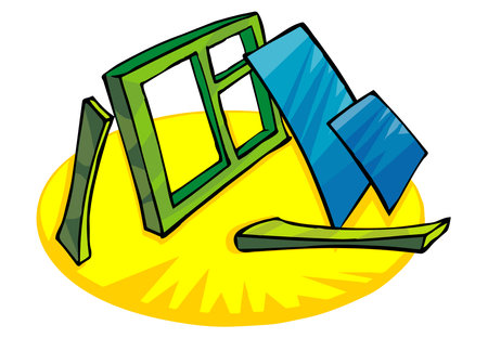 An abstract vector illustration shows a glass window and construction chisel in a cartoon style.のイラスト素材