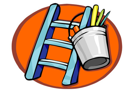 An abstract vector illustration shows a bucket tool and construction ladder in a cartoon styleのイラスト素材