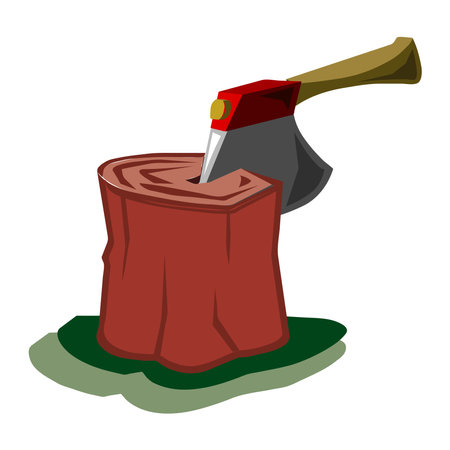 Sawmill timber mill lumberjack isometric composition with isolated image of wood stubs with axe vector illustrationのイラスト素材