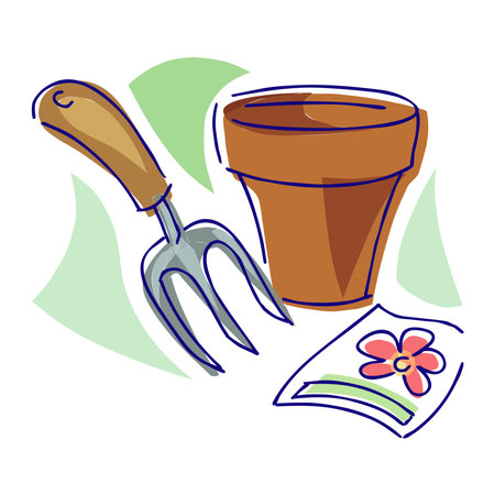 An abstract vector illustration shows a container flower and garden fork tool in cartoon styleのイラスト素材