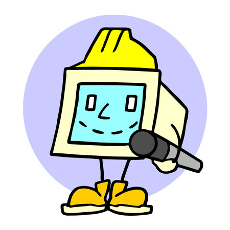 An abstract vector illustration shows an architect hard hat on computer holding mic in cartoon styleのイラスト素材