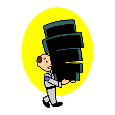 An abstract vector illustration shows a mechanic carrying car tires for repair in cartoon styleのイラスト素材