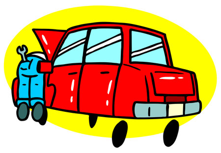 An abstract vector illustration shows a mechanic repair car engine in cartoon styleのイラスト素材