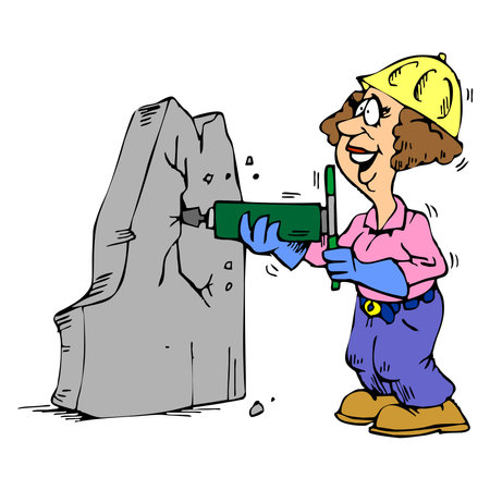 An abstract vector illustration shows a woman worker breaking a concrete block with a Jackhammer in cartoon styleのイラスト素材