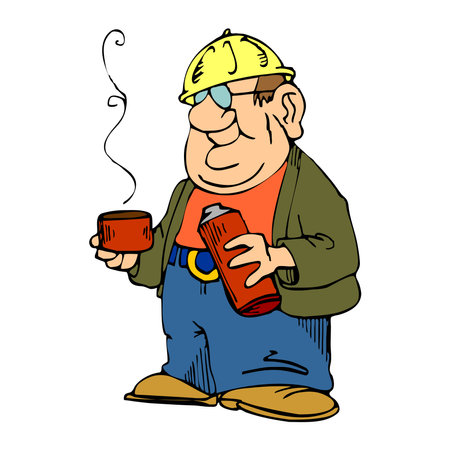 An abstract vector illustration shows a man construction worker drinking coffee in cartoon styleのイラスト素材