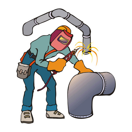 An abstract vector illustration shows a Welder Working on Pipes in cartoon style