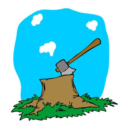 A playful illustration of a brown axe striking a tree stump on green grass under a blue sky with white cloudsのイラスト素材