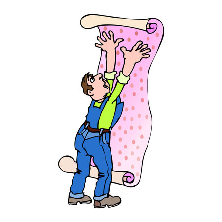 An illustration of a worker in blue overalls and a green shirt hanging a roll of pink polka-dotted wallpaper.のイラスト素材