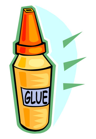 An illustration of a glue bottle with a yellow body, orange cap, and blue label reading GLUEのイラスト素材