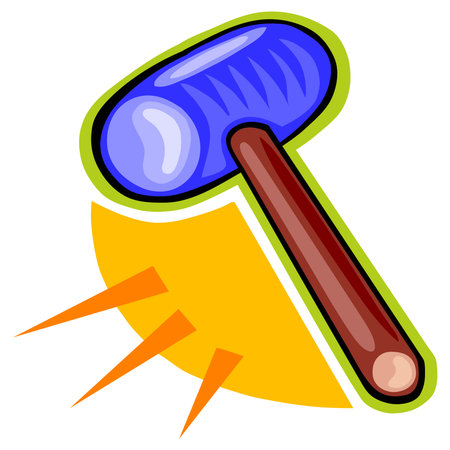An illustration of a sledgehammer with a blue head and brown handle, set against a yellow background in a cartoon styleのイラスト素材