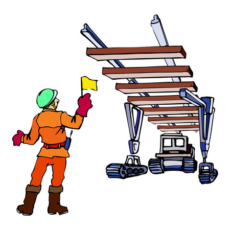 An illustration of a worker in a green hard hat and orange uniform Directing construction a railwayのイラスト素材