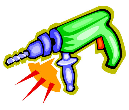 An illustration of a power drill with a green body, blue chuck, and white handle, set against an orange backgroundのイラスト素材