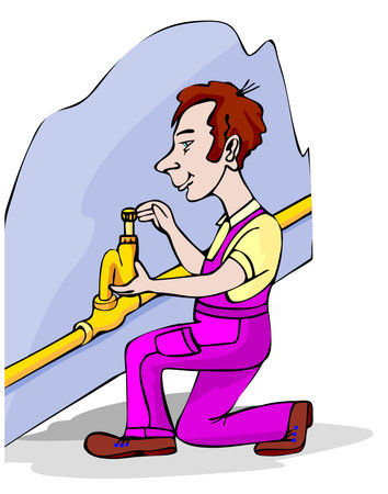 An illustration of a plumber in a shirt and overalls, kneeling to adjust a pipe valve on a wallのイラスト素材