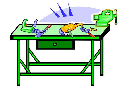 An illustration of a workbench with a drawer, holding various tools including a power drill, screwdriver, grinder, pliers, and a viseのイラスト素材