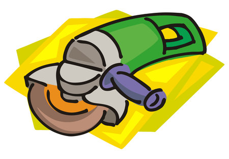 An illustration of an angle grinder with a green body, purple handle, and orange disc in a cartoon styleのイラスト素材