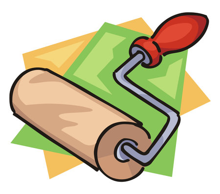 An illustration of a paint roller with a beige roller, gray frame, and red handle in a cartoon styleのイラスト素材