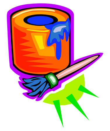 An illustration of an orange paint can with blue paint spilling over, accompanied by a paintbrush with bristles in a cartoon styleのイラスト素材