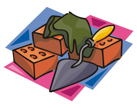 An illustration of a trowel with a gray blade and yellow handle, surrounded by orange bricks in a cartoon styleのイラスト素材