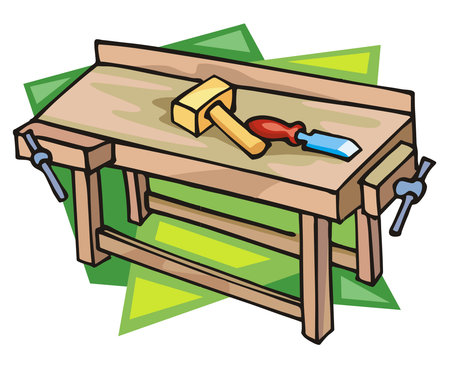 An illustration of a wooden workbench with a mallet and chisel on top, featuring vise clamps on the sidesのイラスト素材