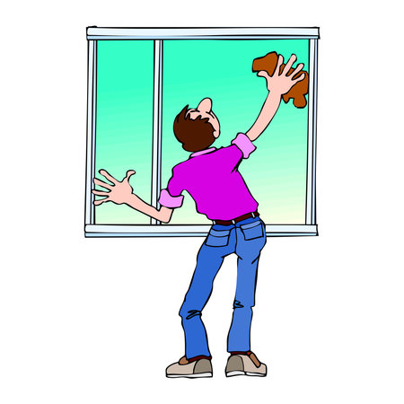 An illustration of a worker in a purple shirt and blue jeans cleaning a large window with a brown cloth.のイラスト素材