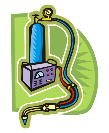 An illustration of a welding torch setup with a blue tank, purple welding machine in a cartoon styleのイラスト素材