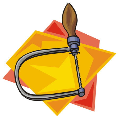 An illustration of a coping saw with a gray frame, blue tension screws, and brown handle in a cartoon styleのイラスト素材