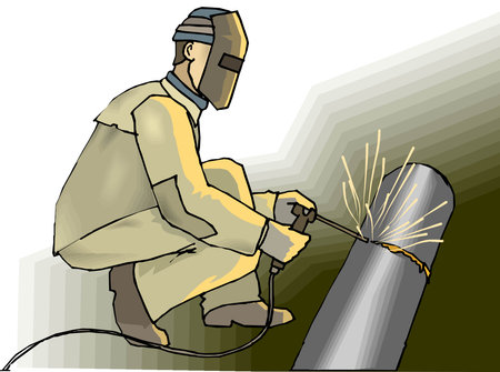 An illustration of a welder wearing a protective suit and helmet, welding a large metal piece with sparks flyingのイラスト素材