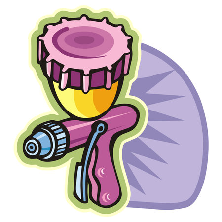An illustration of a spray paint gun with a purple body and yellow paint canister in a cartoon styleのイラスト素材