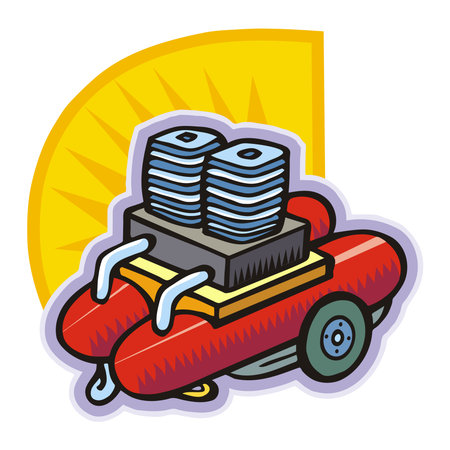 An illustration of a spray compressor with a red body and blue blades in a cartoon styleのイラスト素材