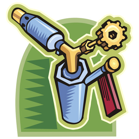 An illustration of a torch tool with a blue body, gear, and handle in a cartoon styleのイラスト素材