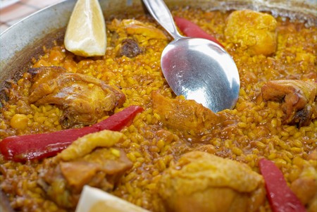 Closeup take of ready to eat meat paellaの写真素材