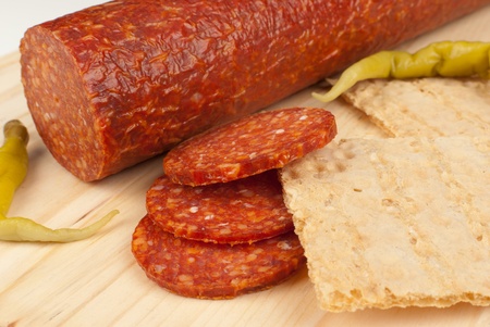 Delicious freshly sliced salami with bred and hot peppersの写真素材