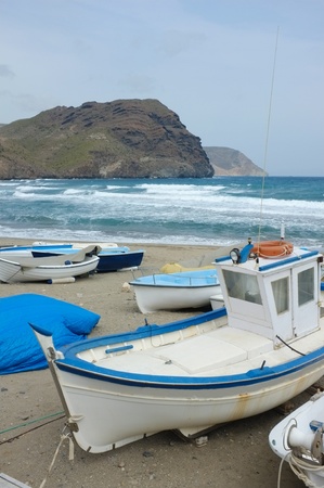 Traditional fishing boats ashore at Las Negras, Almeria, Spainの写真素材
