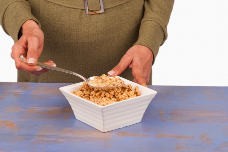 Bowl of puffed rice  served with fresh milkの写真素材