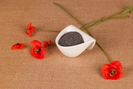 Poppy flowers and a bowl of seeds on a rustic backgroundの写真素材