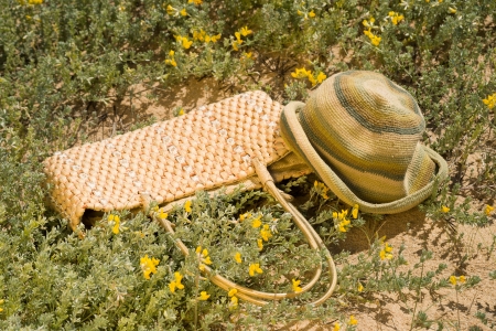 A fancy handbag and a woolen cap in a spring flower bedの写真素材
