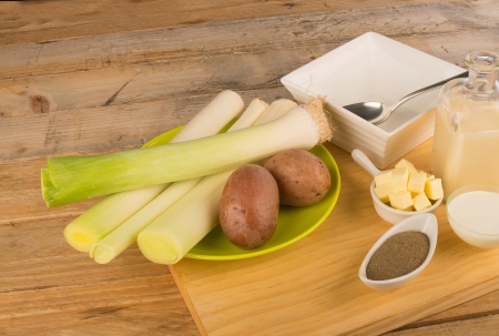 Still life with raw ingredients for a leek and potato soupの写真素材