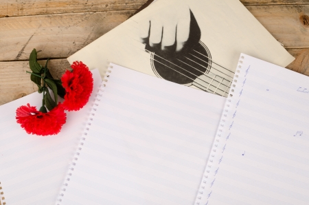 Handwritten scores and a carnation, guitar music backgroundの写真素材