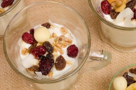 Yoghurt dessert topped with assorted dried fruitの写真素材