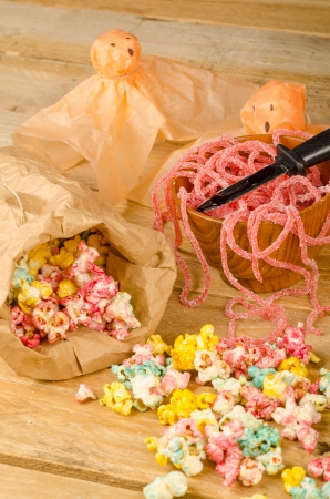 Sweets scattered on  a table, a Halloween kid party still lifeの写真素材