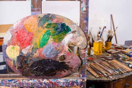 Palette against  the  background of an artists atelierの写真素材